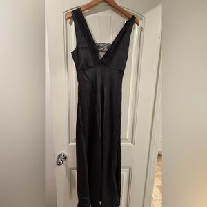 Black Satin Slip Dress with Lace Trim